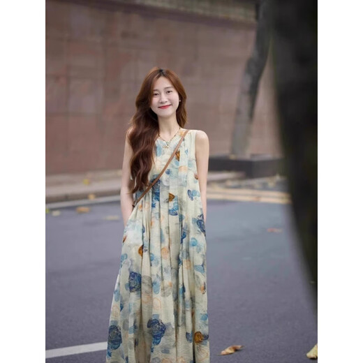 Luge Vest Robe Retro Tempérament littéraire Nouveau style chinois Spring and Summer Long Jirt Women's Clothing 2025 Nouveau Niche Design Sense Encre Painting Robe XL [suggéré 115-130jin [Jin est égal à 0,5 kg]]]