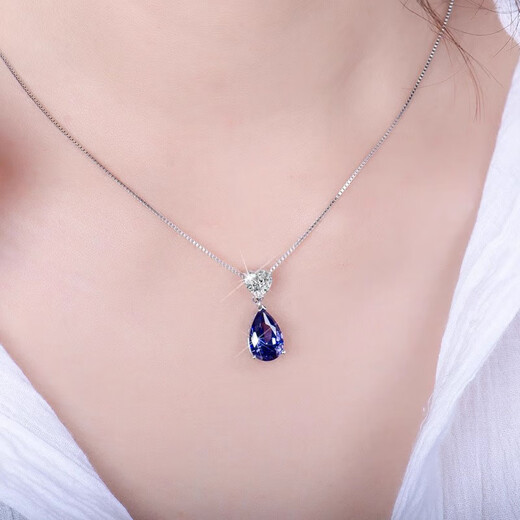 Chirping Sapphire Necklace S925 Silver Heart-Shaped Water Drop Gemstone Necklace Clavicle Chain Girls Tanzanite Sapphire Pendant 925 Sterling Silver Platinum Plated Pendant Free 925 Silver Necklace