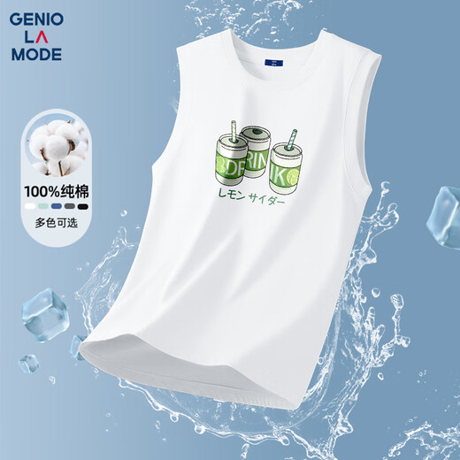 GENIOLAMODE Chaleco Hombre Verano Algodón Puro Transpirable Fondo Informal Versátil Camiseta Sin Mangas Estampada Ropa de Hombre Moda Blanco L