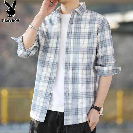 Playboy (PLAYBOY) shirt men's plaid long-sleeved jacket men's shirt autumn and winter business casual men's trendy cotton tops