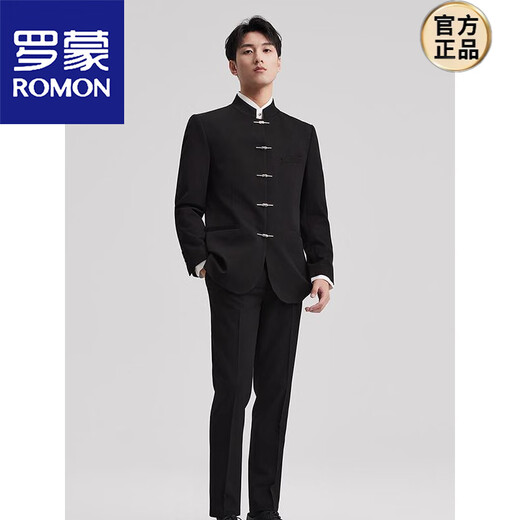 ROMON Chinese tunic suit suit for young men Chinese stand-up collar wedding suit new Chinese style groom suit Chinese style Tang suit black single suit (size too small) 3XL 150-165Jin Jin equals 0.5 kg