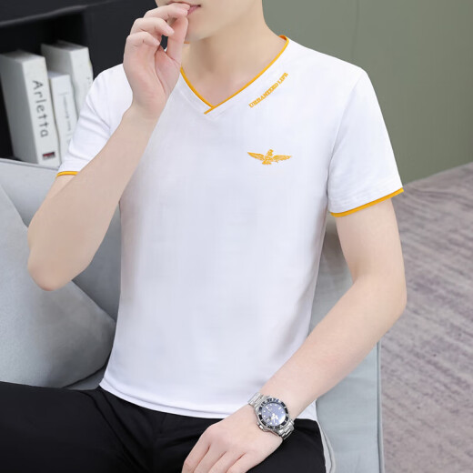 夏装鸡心v领棉t恤短袖男士潮流薄款压花时尚百搭半袖 Q694 豆绿 XL 120-135斤