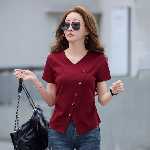 T-shirt à manches courtes de l'ourlet irrégulier à colme en V Magique T-shirt à manches courtes pour les femmes avec un t-shirt réducteur à la mode mince 6625 Angora Red L (105-115jin [Jin est égal à environ 0,5 kg]))