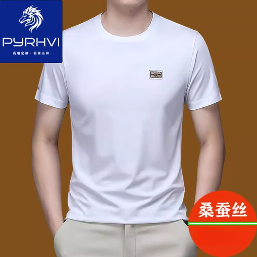 
PYRHVI men's summer mulberry silk short-sleeved T-shirt ice. Silk cool and round neck solid color casual white T-shirt trendy white 13807KL M 165