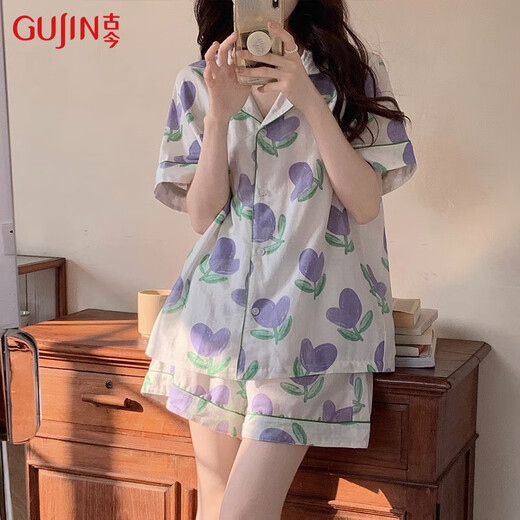 古今（GUJIN）春夏上新【100%纯棉】睡衣女棉纱家居服可外穿睡裤清新大码套装XL