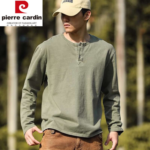 Pierre Cardin American retro distressed Henley shirt men's spring and autumn large size 300 Jin Jin equals 0.5 kg Heavy cotton American casual long-sleeved bottoming T-shirt Army green 2XL recommended 145-190 Jin Jin equals 0.5 kg