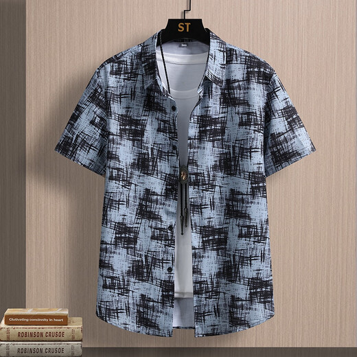 花九卿广东普宁痞帅衬衫男冰丝免烫夏季新品冰丝短袖衬衫男韩版时尚花衬 JT7027蓝色 M 90-109斤
