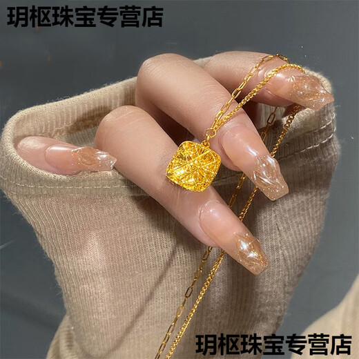 KZD sand gold brushed sugar cube pendant gold quality flash necklace gold plated niche fashion 45cm