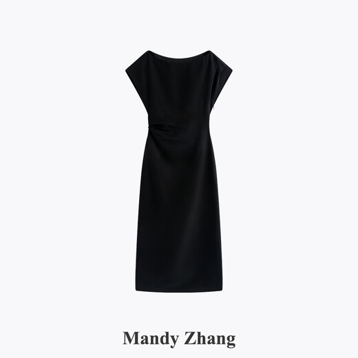 Mandy Zhang赫本风一字肩短袖黑色连衣裙女夏季气质轻礼服宴会裙子 静谧黑 M