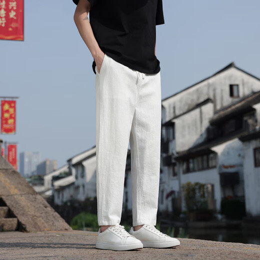 月伊纺夏季新款亚麻休闲裤男士潮流百搭九分裤子新中式中国风男装哈伦裤 灰色 薄款 -卡码拍大 3XL