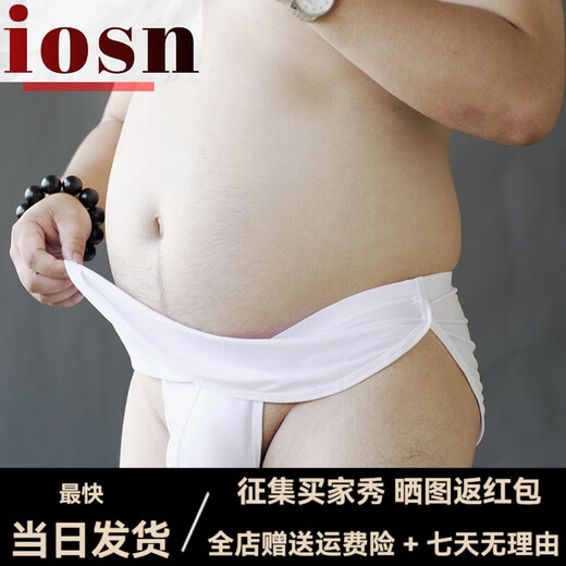 IOSN男士裆布丁字裤冰丝无痕胖熊大码内裤平角二合一个性低腰丁字内裤 白色 M