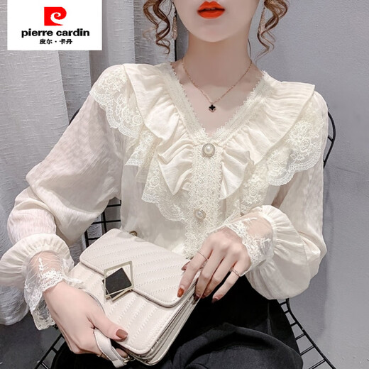 Pierre Cardin 2025 Spring and Autumn New Korean Style Fashionable V-neck Lace Ruffled Chiffon Shirt Elegant Super Fairy Top for Women Apricot V-neck Long Sleeves Soft Breathable Fabric Lined 2XL 125-150Jin Jin is equal to 0.5kg