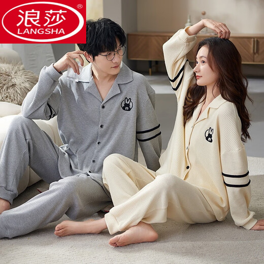 LangSha couple pajamas spring and autumn pure cotton long-sleeved casual men and women student dormitory autumn and winter home clothes for outdoor wear long sleeves M9856 L couple women + men L