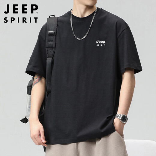 JEEP SPIRIT吉普重磅短袖T恤男夏季纯棉五分袖宽松大码可定制上衣男 黑色 XL