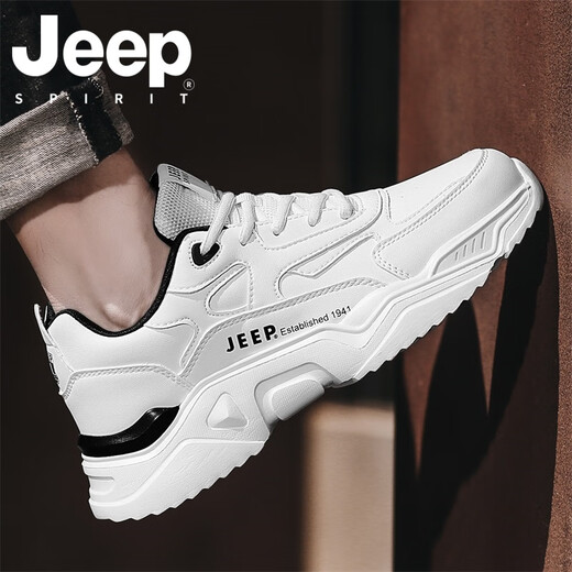 JEEP SPIRIT吉普男鞋夏季2025新款休闲户外跑步运动鞋子男士增高厚底老爹鞋 白黑 42