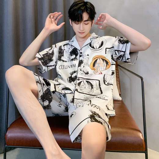 浪莎（langsha）冰丝睡衣男士夏季短袖裤薄款青年男生夏天男款家居服2025新款套装 12532[云朵棉绉布款] XL (建议身高175左右体重130-1