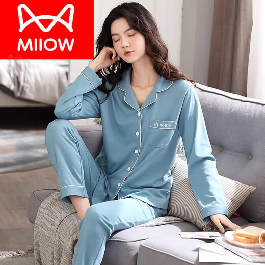 Catman (Miiow) Pajamas de algodón puro para mujeres Versión coreana de primavera y otoño de manga larga Versión coreana simple Estilo delgado de color sólido simple para ropa de ropa para exteriores