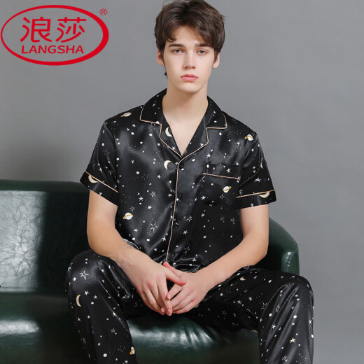 LangSha handsome pajamas men's summer ice. Thin silk short-sleeved trousers large-size silk home clothes 2025 set Atmospheric black 6223 L (115-140Jin [Jin equals 0.5 kg])