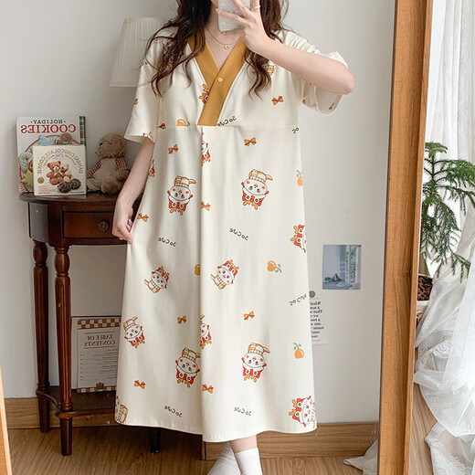 
Short-sleeved pregnant women pajamas dress for summer for childbirth with chest pad loose large size prenatal check-up clothes for pregnancy wear home clothes ISY-16820# short-sleeved skirt with chest pad L size (recommended weight 90-120 Jin [Jin equals 0.5 kg])