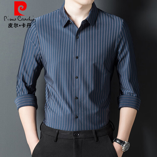 Pierre Cardin chemise haut de gamme à manches courtes pour hommes en soie de mûrier 2025 nouveau business casual sans repassage chemise à manches mi-longues à rayures verticales d'âge moyen pour hommes vert foncé rayures verticales 9928 rayures verticales longueur M 165 recommandé 100-120 Jin Jin équivaut à 0,5 kg