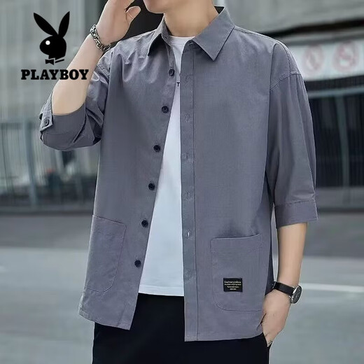 花花公子（PLAYBOY）纯棉七分袖衬衫男夏季薄款高端中袖衬衣男士休闲短袖t恤男款外套 A702绿色（七分袖衬衫） M