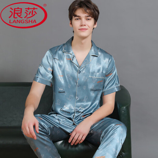 LangSha handsome pajamas men's summer ice. Thin silk short-sleeved trousers large-size silk home clothes 2025 set Atmospheric black 6223 L (115-140Jin [Jin equals 0.5 kg])