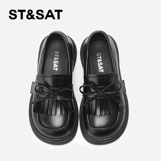 Saturday (St&Sat) Children's Shoes Girls Princess Shoes 2025 Spring and Summer New Little Girls Black Soft Sole Leather Shoes Tassel Children's Shoes Classic Black 37 Inner Length Approximately 23.3cm