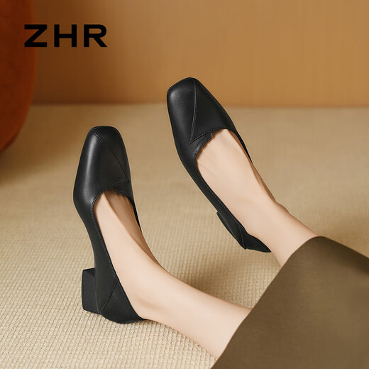ZHR粗跟单鞋女经典拼接工作皮鞋通勤一脚蹬浅口女鞋软底AH673黑色39