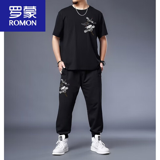 罗蒙（ROMON）夏季中国风男冰丝速干套装男胖子加肥大码男休闲运动短袖肥佬T恤 黑色9922套装 5XL 200-225斤