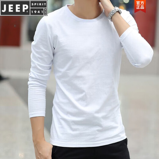 JEEP SPIRIT white bottoming shirt men's round neck slim inner top spring and autumn thin solid color men's long-sleeved t-shirt autumn coat white round neck long sleeve 2XL recommended 135-150Jin Jin equals 0.5 kg
