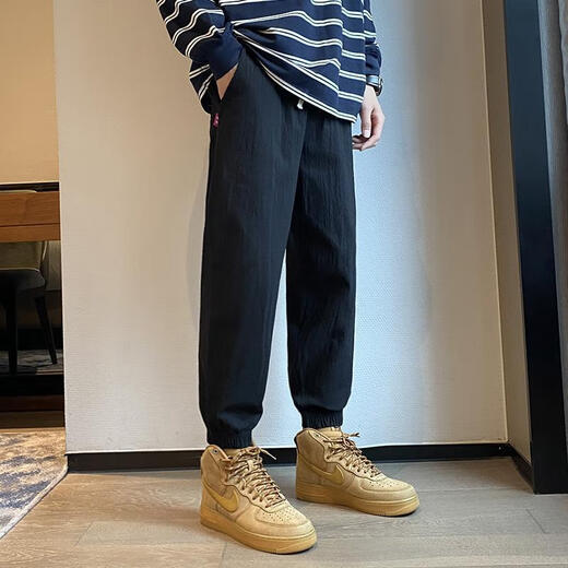 A21funb棉麻裤男卡其色九分裤宽松休闲裤亚麻束脚运动裤夏季薄款男款裤子 卡其色-不起球 XL 120-135斤