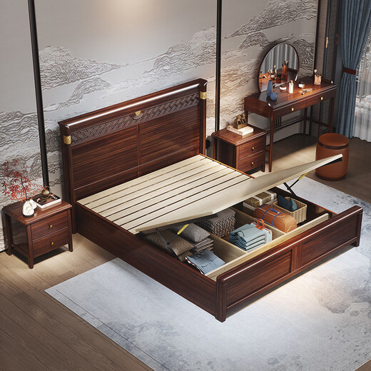 Handwerker Doppelbett 1,8 m 2m Chinesisches Hauptschlafzimmer Schwarzes Gold Massivholzbett Aufbewahrungsbett Klassiker Hochzeitsbett WJ866#