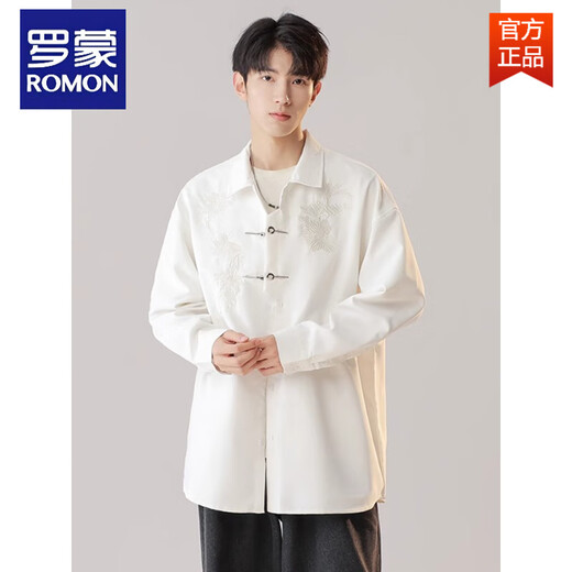 罗蒙（ROMON）国风男士衬衫订婚衣服新中式男装古风白衬衣盘扣上衣刺绣外套 象牙白 XL