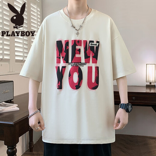 花花公子（PLAYBOY）发泡字母印花短袖男夏季休闲宽松五分半袖t恤男青少年情侣款体恤T LF5012黑色 M 约85~110斤可穿