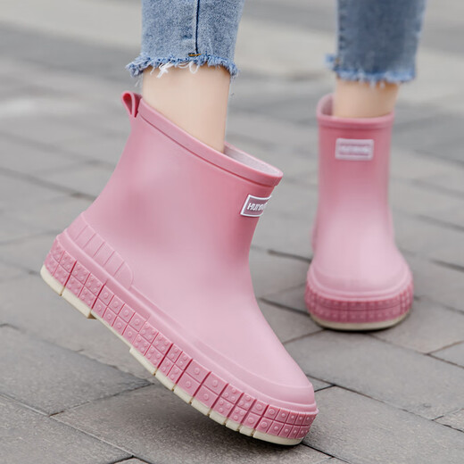 Fashionable Japanese rain boots for women wearing short tube rain boots for outdoor work waterproof and non-slip shoes rubber shoes flat sole pull-toe shoes apricot color 36