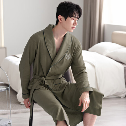 MPPMCK waffle bathrobe men's spring and autumn pure cotton medium-length men's nightgown 2025 new style water absorption integrated LJ16822 M size [weight 100-120Jin [Jin equals 0.5 kg]]