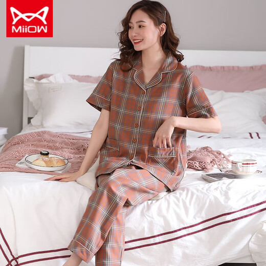 猫人 MIIOW新款睡衣女夏短袖长裤纯棉中妈妈薄款可外穿家居服套装 R:2102 9922 L 建议【100-120斤】