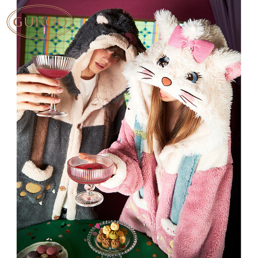 Gukoo Nightgown Couple Pajamas Women Autumn and Winter Mary Cat Coral Velvet Bathrobe Men's Home Clothing Mary Cat Women's Nightgown L