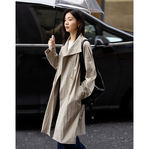 德玛纳【纸片人效果】春季学院风立领压褶系带藏肉云感棉风衣外套女长款