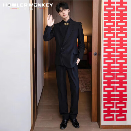Sound Monkey New Chinese tunic suit for engagement, wedding, groom's dress, blazer, men's high-end suit, stand collar, plate button, Chinese suit + black shirt + trousers, three pieces XL (115-130Jin Jin equals 0.5kg)