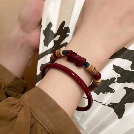 ROSENA SAMMI New Chinese Cinnabar Bracelet Wooden Pixiu Bracelet Versatile Retro National Trend Jewelry Pixiu Bracelet Two-piece Set