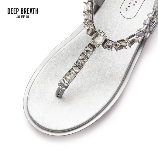 Deep Atem Tief Atem Frauenschuhe Sommer-Strass-Clip-Toe Klettklasse Flat Flip Flop Sandalen Ax14118 Silber 37