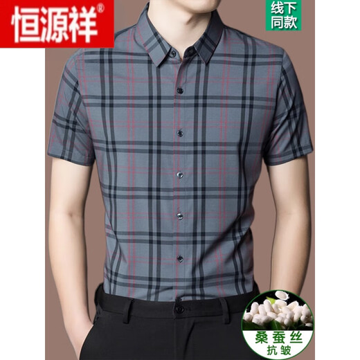 恒源祥高档男士桑蚕丝短袖衬衫2025夏季新款商务休闲薄款真丝衬衣男 深灰色【2603款】 2XL 180【建议150-165斤】