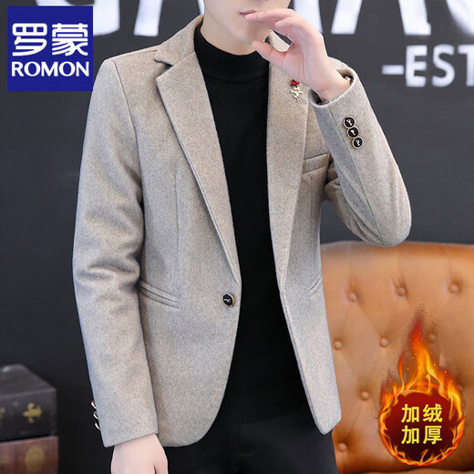 罗蒙（ROMON）秋冬季水貂绒毛呢子西服男士加绒单西上衣商务休闲加厚纯色小西装 D9922黑色(加绒) 加厚 M