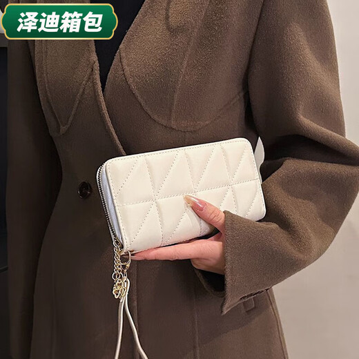 芸洛菱格纹长款钱包女新款轻薄时尚手机多功能手提钱包单拉手拿包 白色三角格单拉