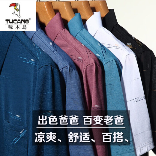 啄木鸟高档桑蚕丝短袖t恤男夏季翻领有口袋中年爸爸冰|丝polo衫上衣 719翻领Z【哈青】【短袖】 M 165/80A 建议90-110斤