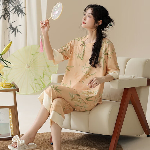 2025 new pajamas for women in summer short-sleeved suit for Chinese style knitted cotton cropped pants casual home clothes can be worn outside 9908 L [100-120Jin [Jin equals 0.5 kg]]