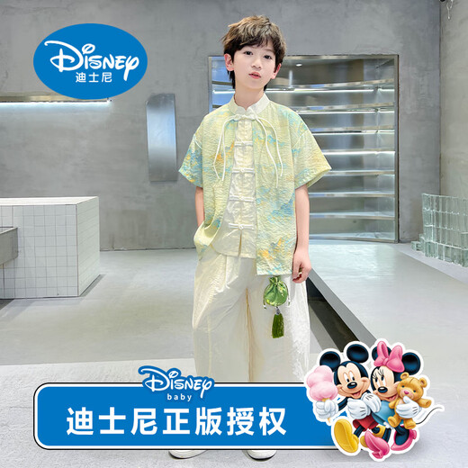 迪士尼（Disney）儿童装男童夏季汉服套装2025新款古风夏装短袖唐装男孩中国风潮装 绿色 时尚休闲 120