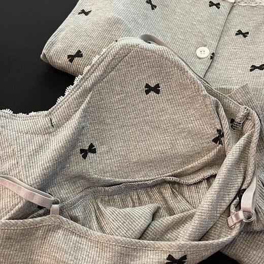 FHHUABD带棉垫睡衣女春秋季莫代尔保暖长袖灰色吊带蝴蝶结家居服三件套装 6621#.杏色 -莫代尔三件套 XL 建议120-135斤