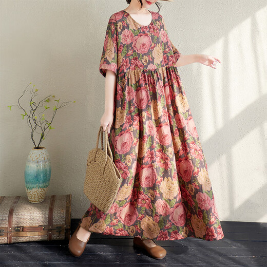 Jiandang grande taille Vêtements pour femmes Fat MM printemps et été rond des fleurs littéraires Bohemian Style de vacances robe longue 16834 Fleurs roses uniques [200jin [Jin est égal à 0,5 kg] ci-dessous]